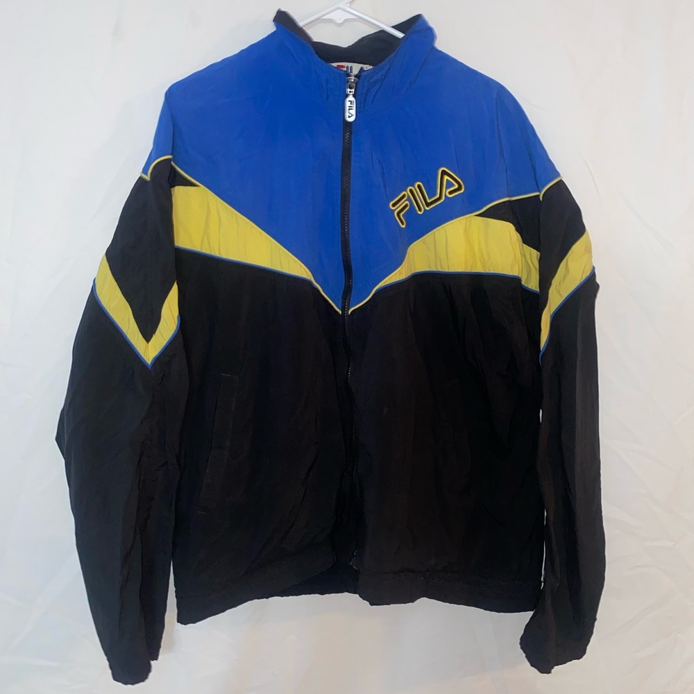 Vintage Fila Windbreaker Jacket - Black/Blue/Yellow - Sz XL